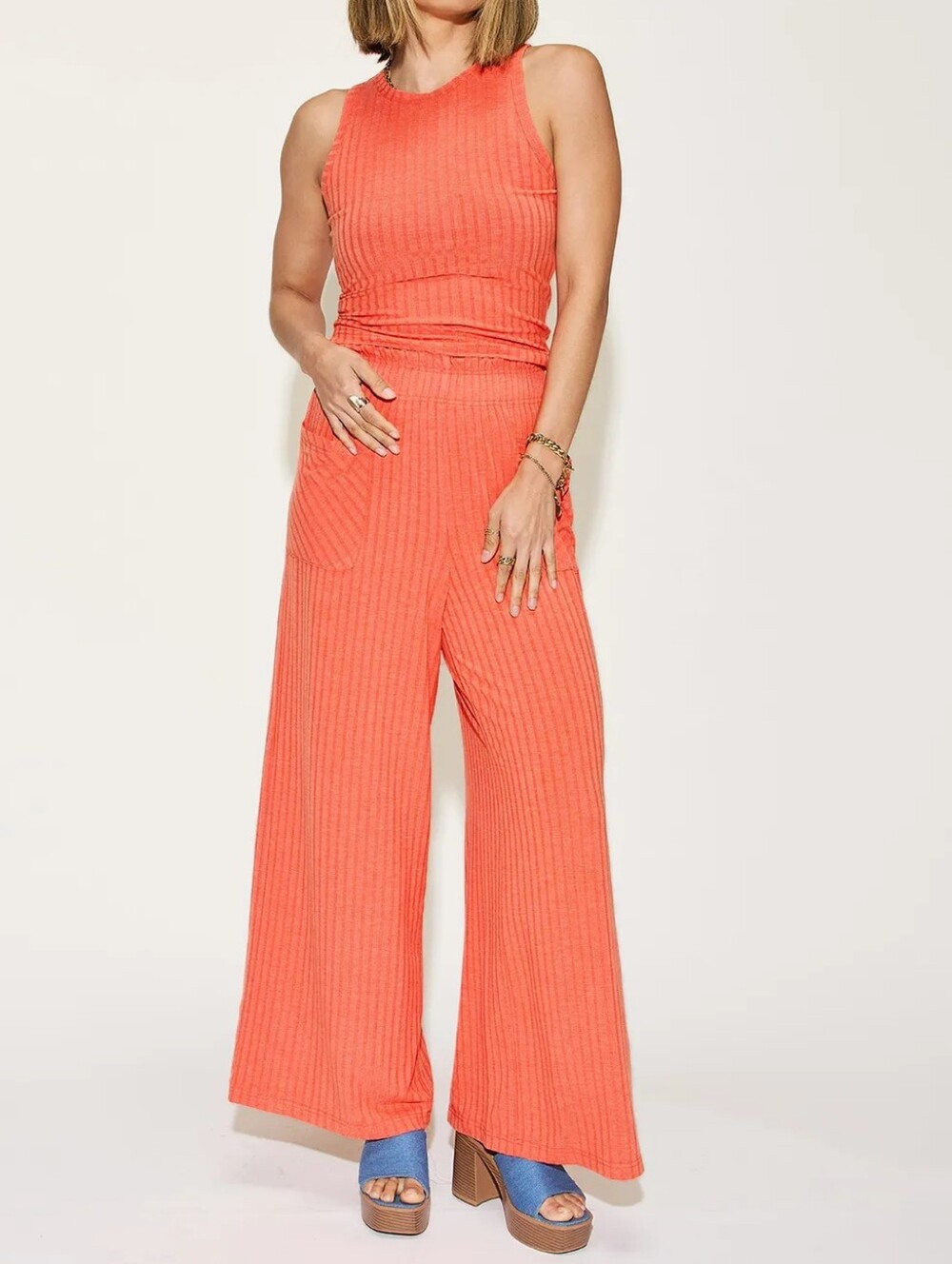 🌸Basic Bae Coral Ribbed Tank and Wide Leg Pants Set